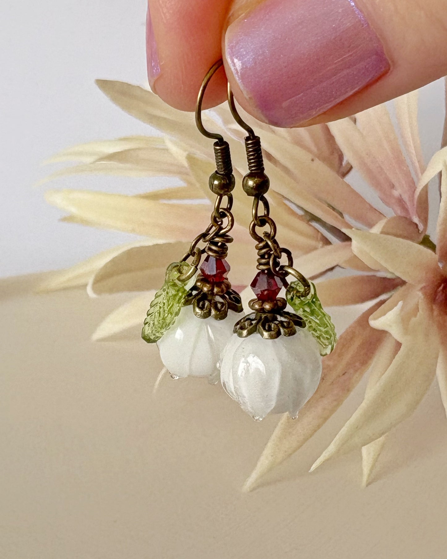 Glass Flower Bud Earrings | White| Fairycore