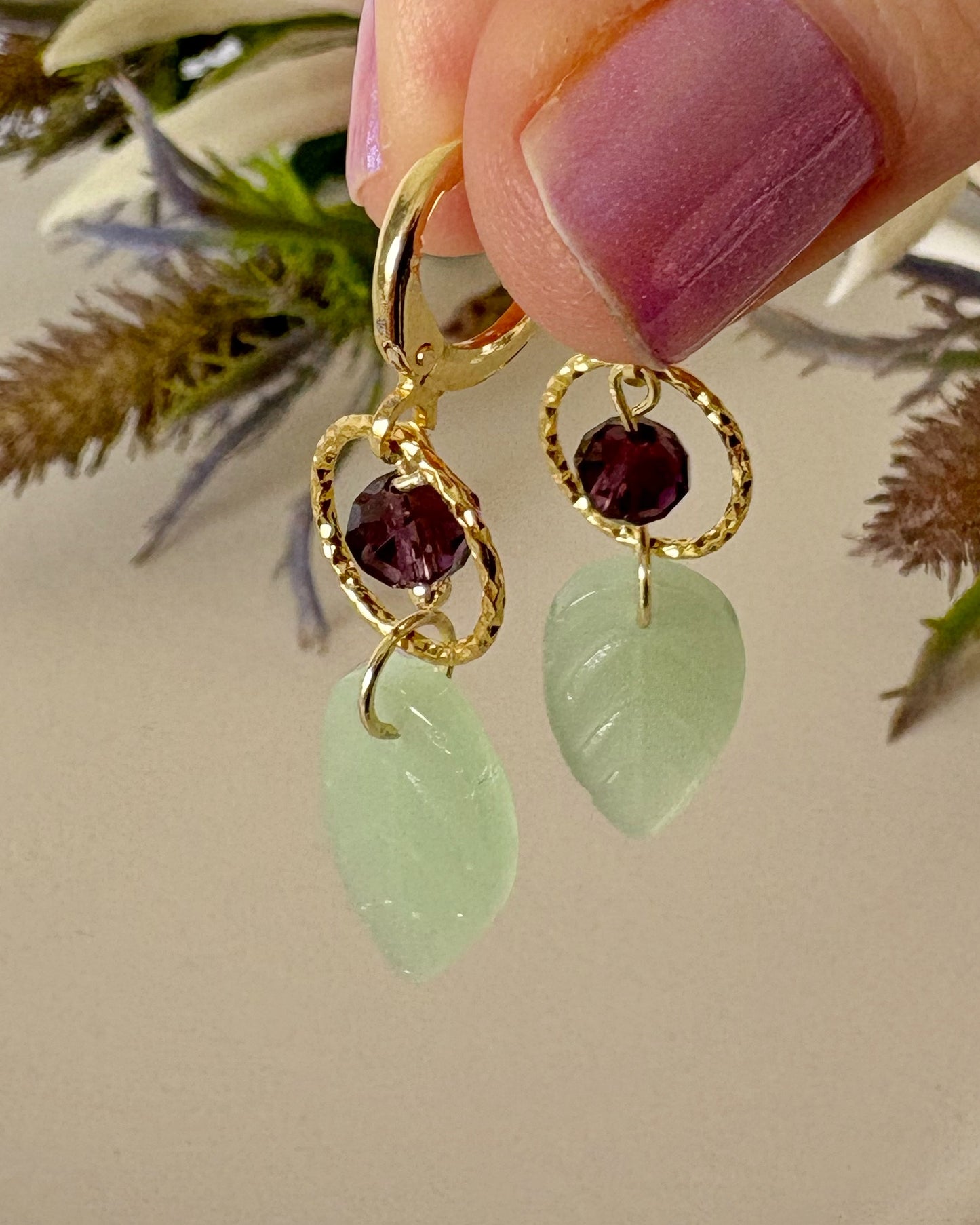 Amethyst / Jade Leaf Earrings