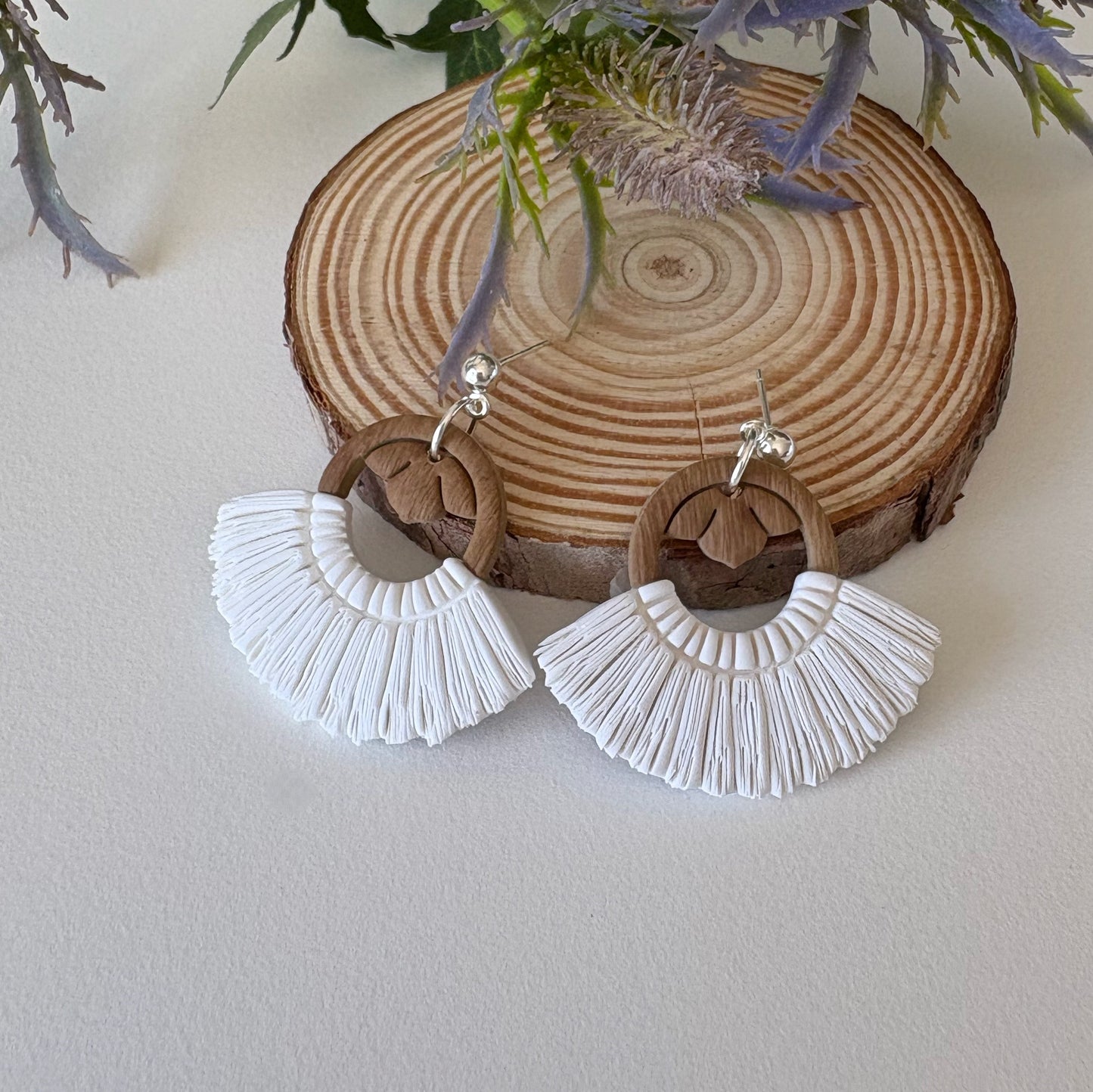 Macrame Clay Earrings | White