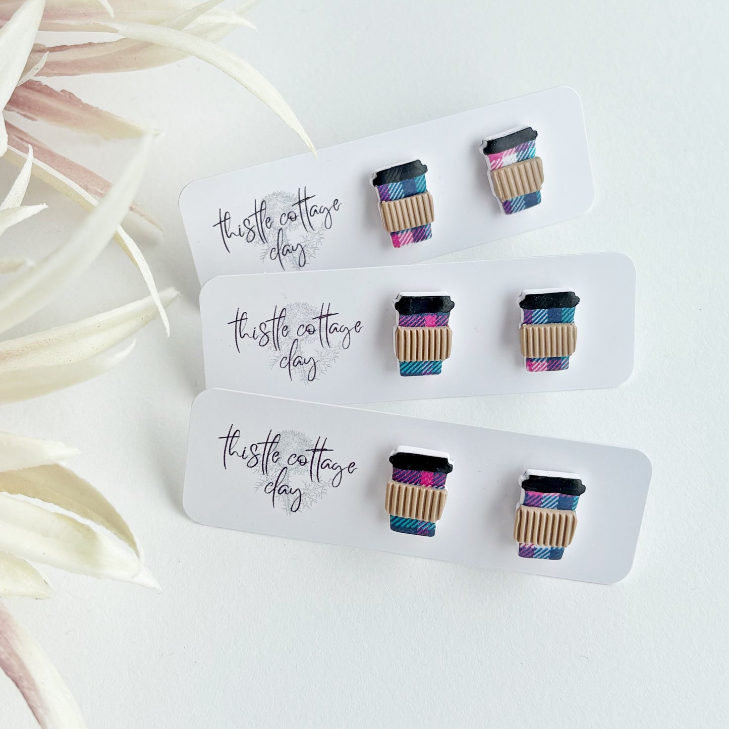 Coffee Cup Studs | Plaid