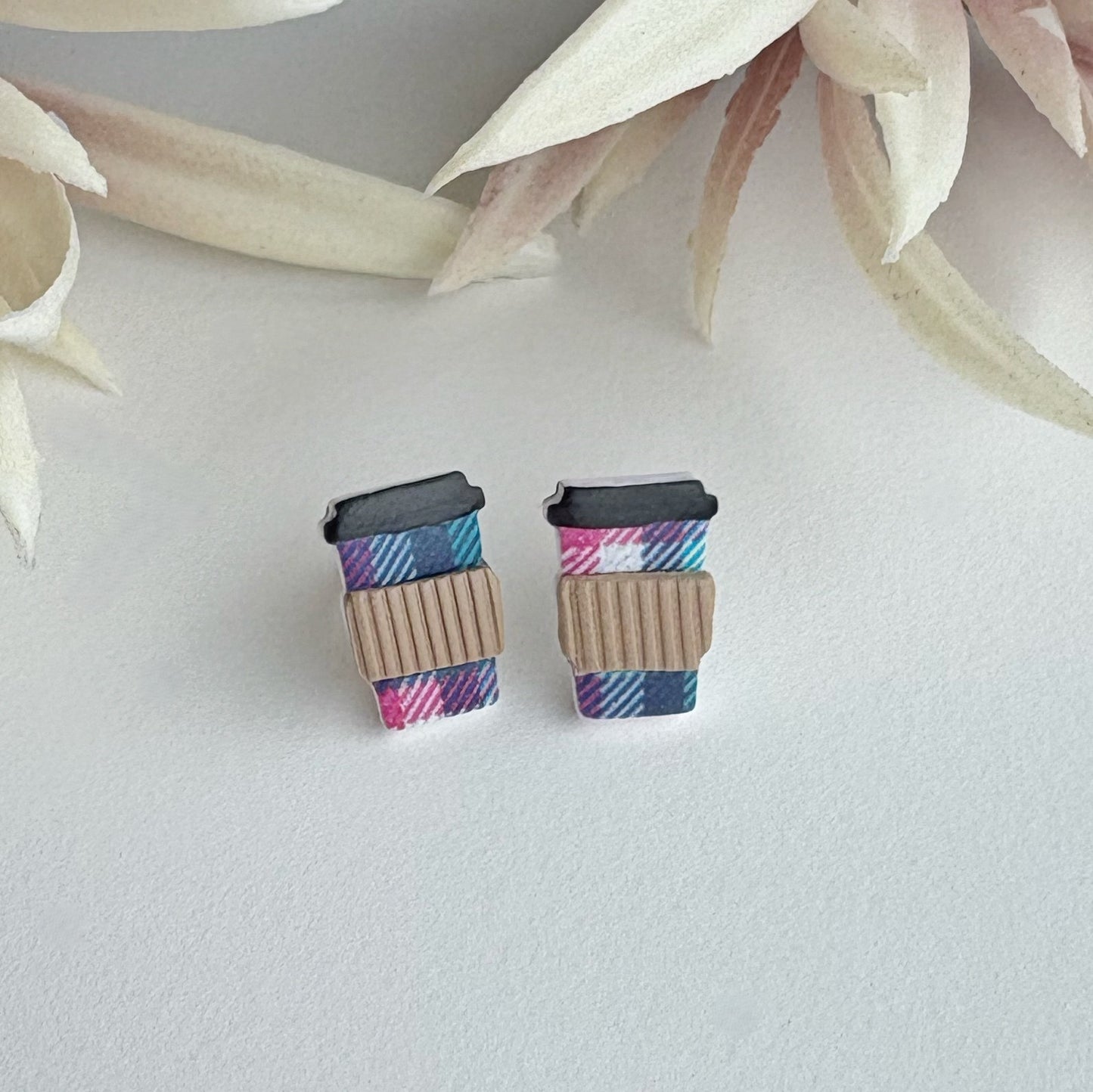 Coffee Cup Studs | Plaid