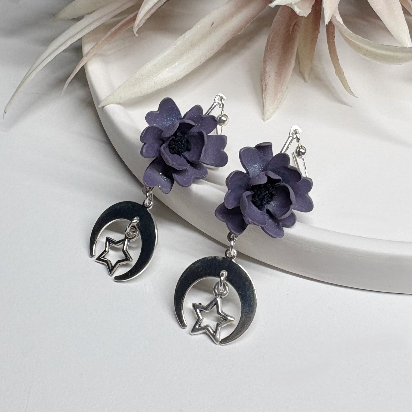 Floral Fairycore Earrings | Mystic Rose Crescent Moons