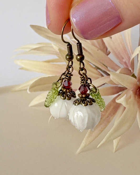 Glass Flower Bud Earrings | White| Fairycore