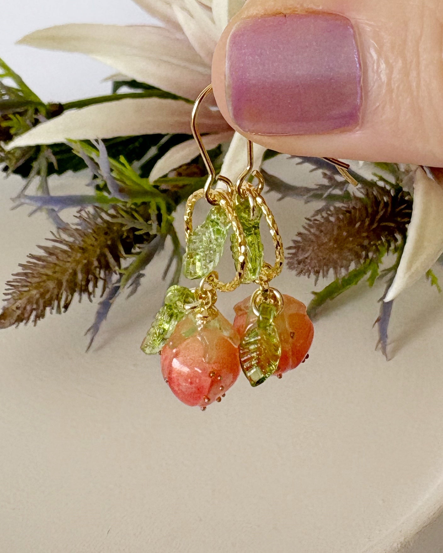 Strawberry Rose Bud Earrings | Lampwork Beads