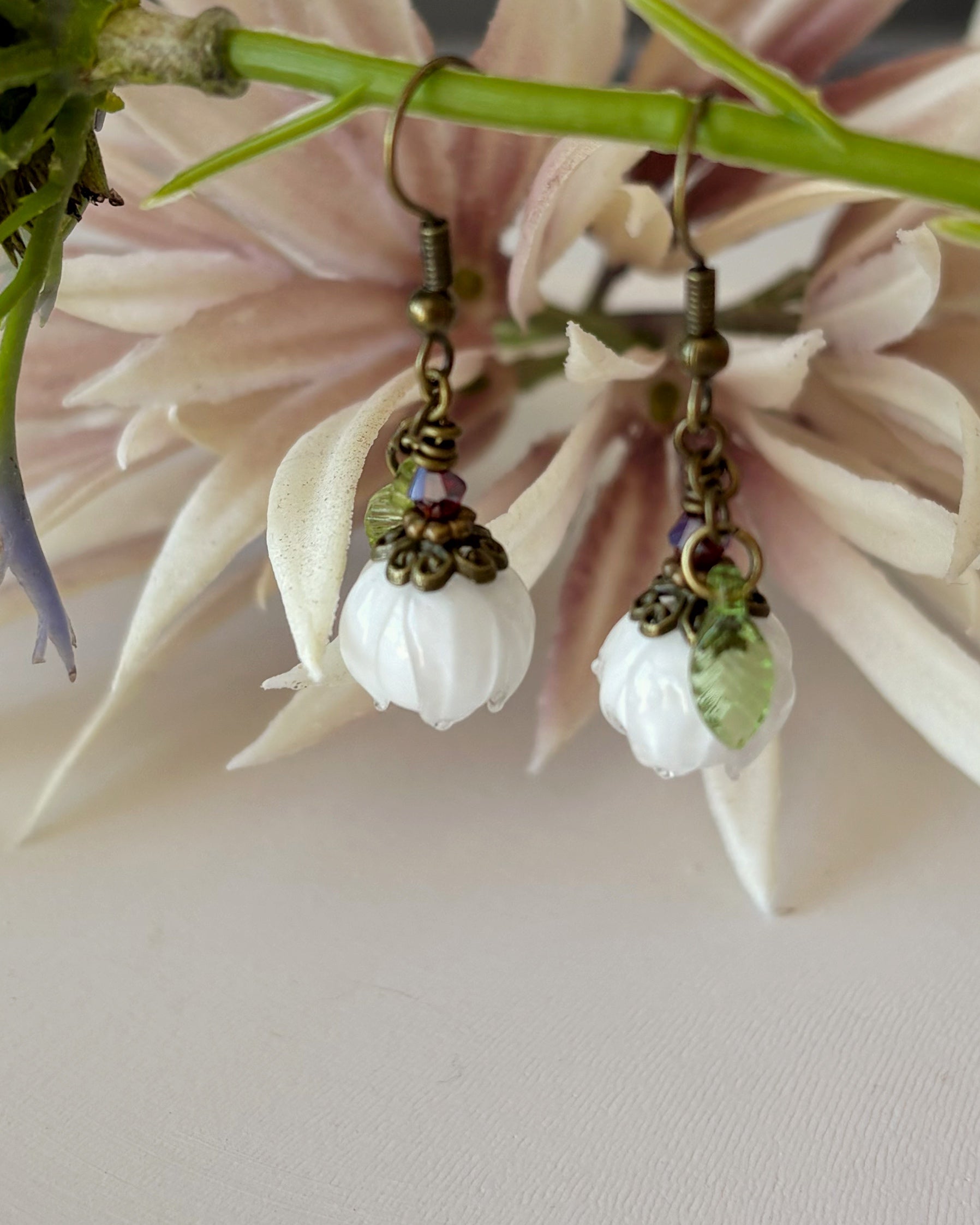 Glass Flower Bud Earrings | White| Fairycore