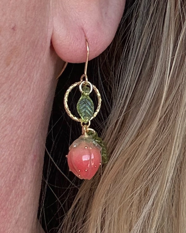 Strawberry Rose Bud Earrings | Lampwork Beads