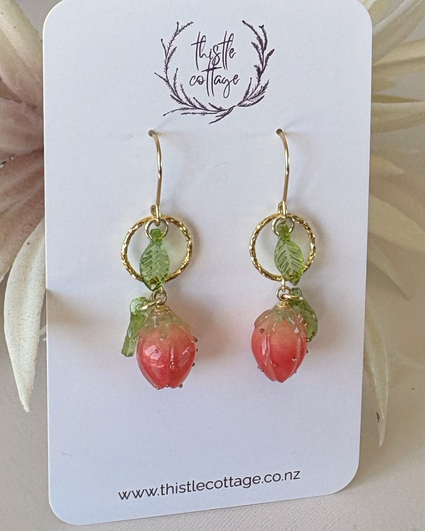 Strawberry Rose Bud Earrings | Lampwork Beads