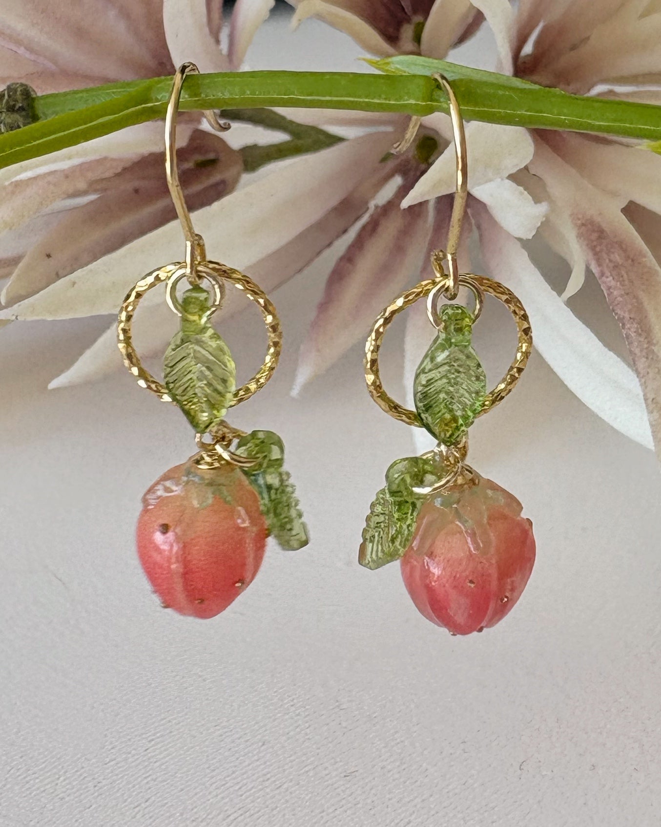 Strawberry Rose Bud Earrings | Lampwork Beads