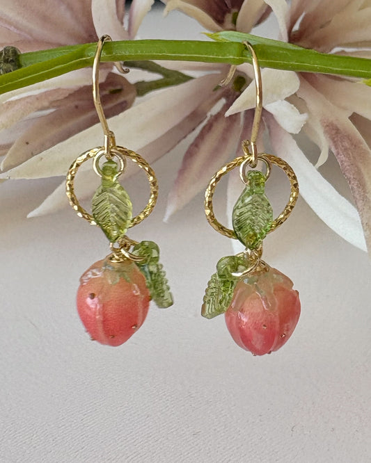 Strawberry Rose Bud Earrings | Lampwork Beads