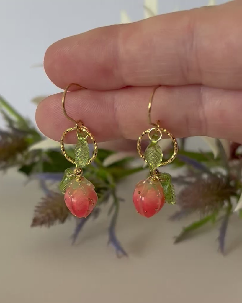 Strawberry Rose Bud Earrings | Lampwork Beads